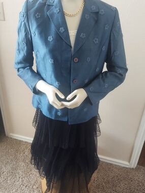 Kasper Teal Blue Embroidered Floral Blazer
